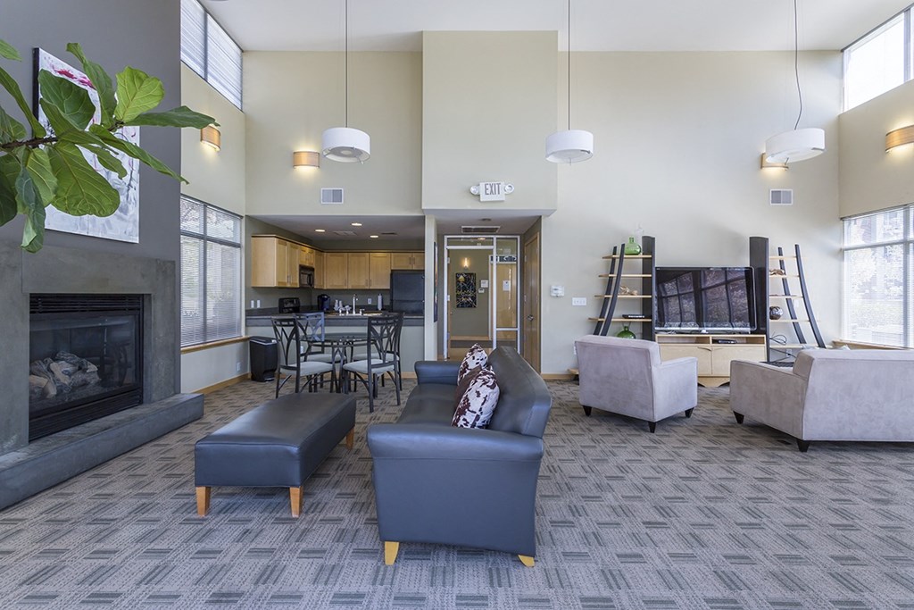 a living room with couches and chairs and a fireplace