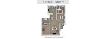 A 1 Bed 2 Bath apartment is 1286 square feet.