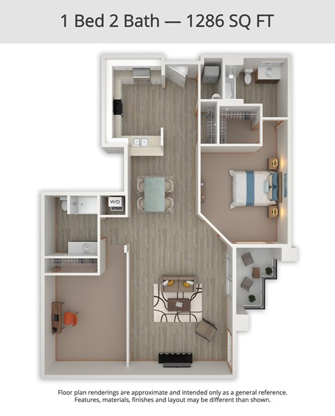 A 1 Bed 2 Bath apartment is 1286 square feet.