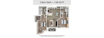 A floor plan of a 2 Bed 2 Bath apartment is 1180 square feet.