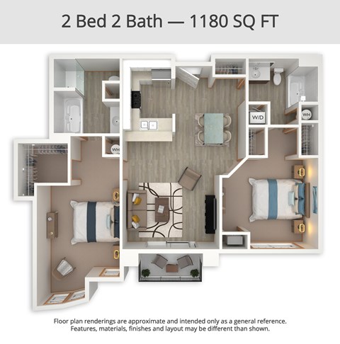 A floor plan of a 2 Bed 2 Bath apartment is 1180 square feet.