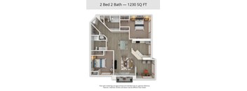 A floor plan of a 2 Bed 2 Bath apartment is 1230 square feet.