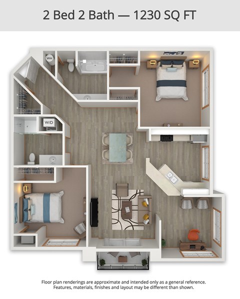 A floor plan of a 2 Bed 2 Bath apartment is 1230 square feet.