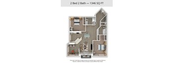 A 2 Bed 2 Bath apartment is 1346 square feet.
