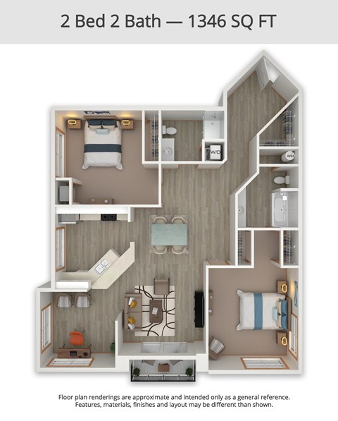 A 2 Bed 2 Bath apartment is 1346 square feet.