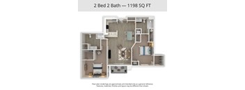 A 2 Bed 2 Bath apartment is 1198 square feet.