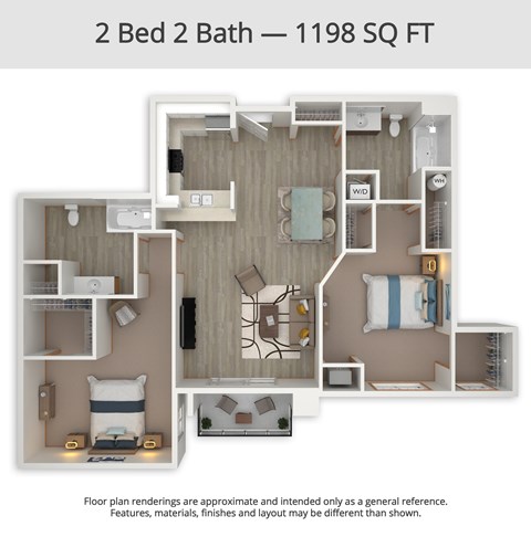 A 2 Bed 2 Bath apartment is 1198 square feet.