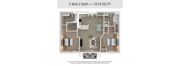 A 2 Bed 2 Bath apartment is 1074 square feet.