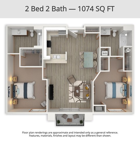A 2 Bed 2 Bath apartment is 1074 square feet.