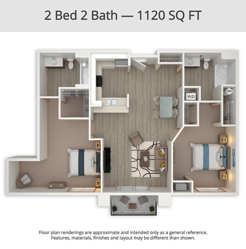 A 2 Bed 2 Bath apartment is 1120 square feet.