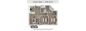 A floor plan for a 2 Bed 2 Bath apartment is 1006 square feet.