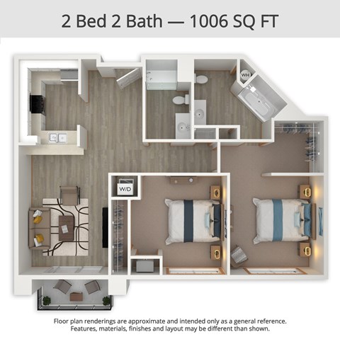 A floor plan for a 2 Bed 2 Bath apartment is 1006 square feet.