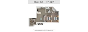 A floor plan for a 2 Bed 2 Bath apartment sized at 1176 square feet.