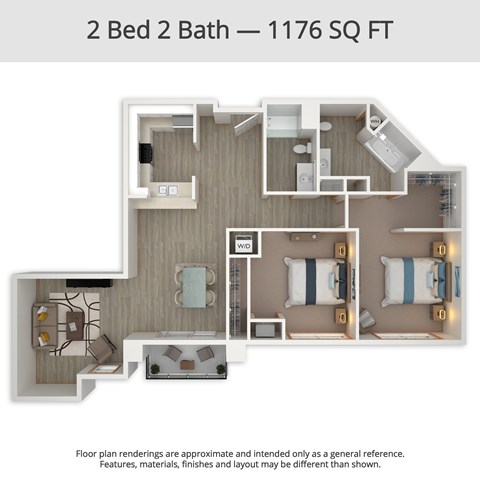A floor plan for a 2 Bed 2 Bath apartment sized at 1176 square feet.