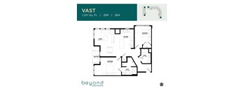A floor plan for an apartment named VAST, which is 1,201 square feet with 2 bedrooms and 2 bathrooms.