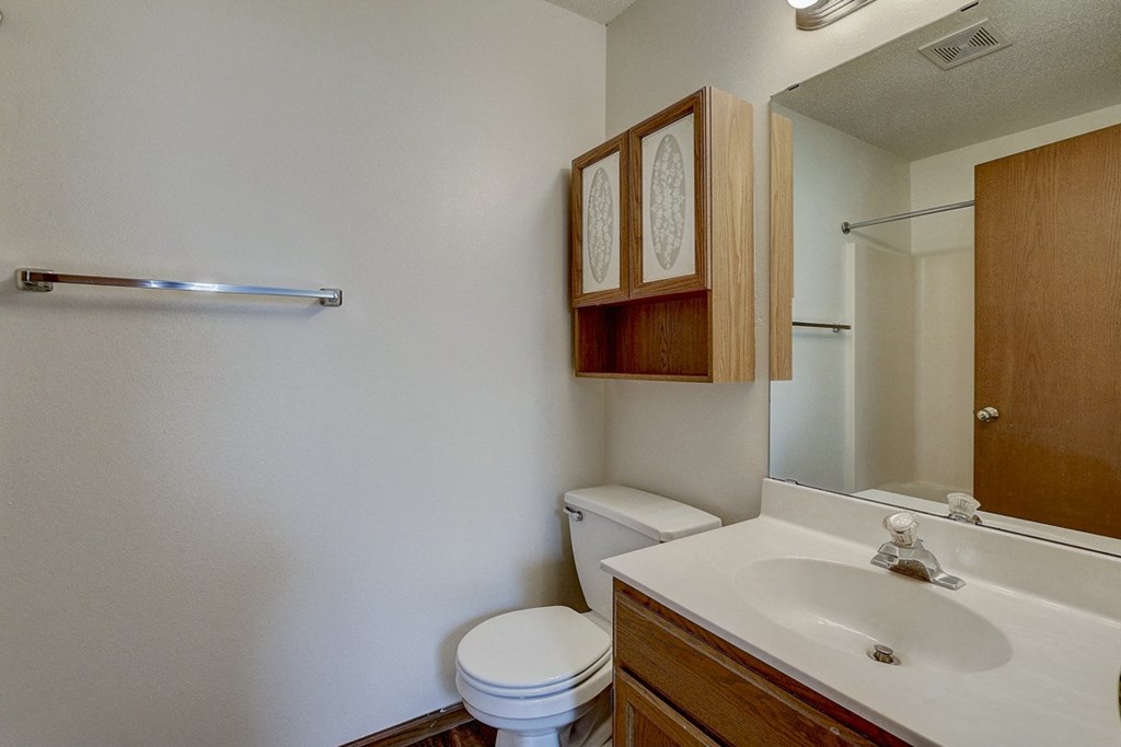 a bathroom with a sink toilet and a mirror
