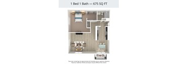 A floor plan of a 1 Bed 1 Bath apartment is 675 square feet.