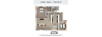A floor plan of a 2 Bed 1 Bath apartment is 750 square feet.