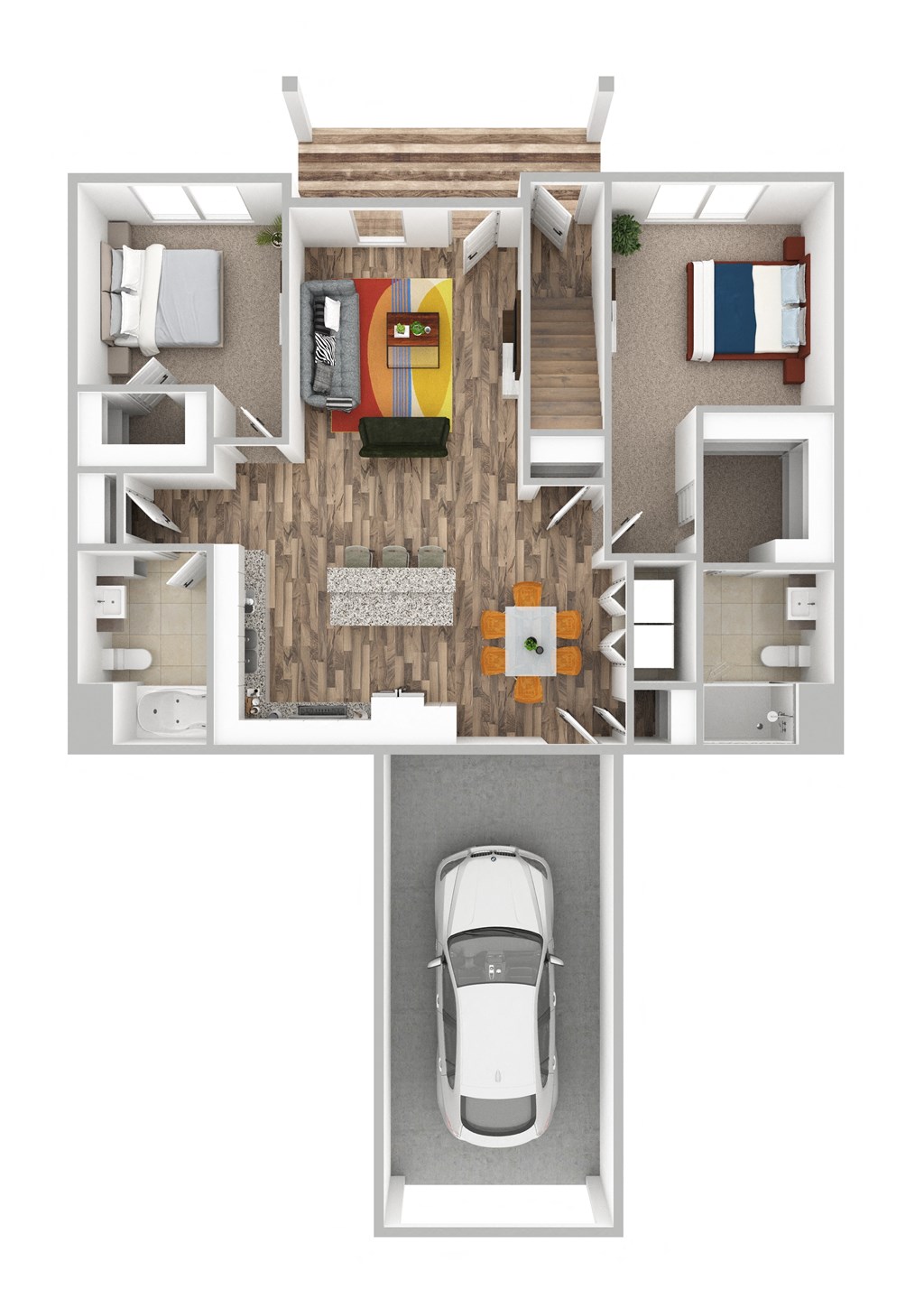 a floor plan of a house with a car in the garage