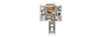 A top down view of a house with a car in the garage.