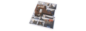 A 3D floor plan of a house with a kitchen, living room, and bedrooms.