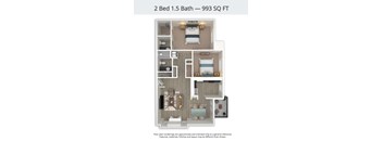 A floor plan of a 2 Bed 1.5 Bath apartment is shown.