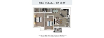 A floor plan of a 2 bedroom, 1.5 bathroom apartment is 931 square feet.