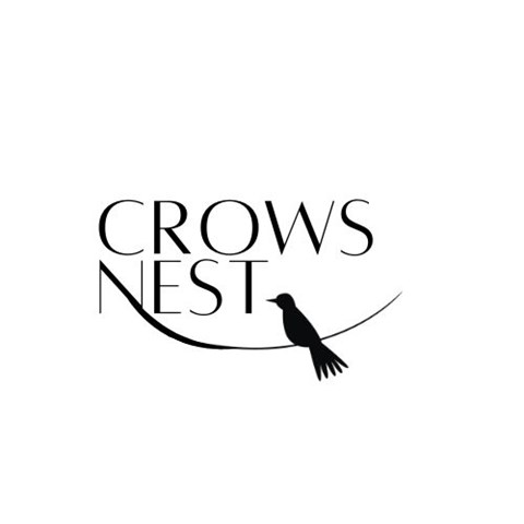 A logo with a bird and the words "Crows Nest" in black.