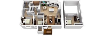 A 3D floor plan of a two-bedroom apartment with a living room, kitchen, and bathroom.