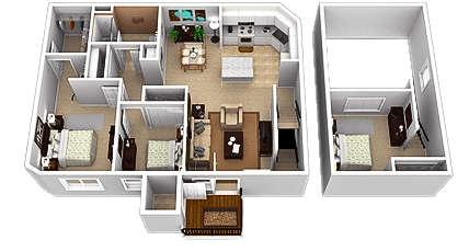 A 3D floor plan of a two-bedroom apartment with a living room, kitchen, and bathroom.