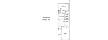 A floor plan of a 1 Bedroom 735 Sq. Ft. apartment.