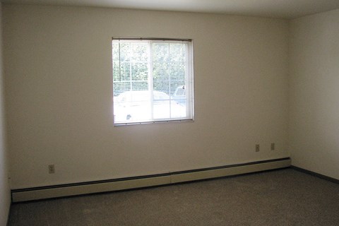 A room with a window and carpeted floor.