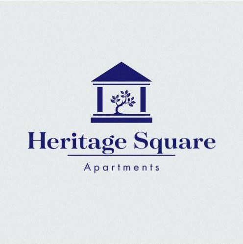 a logo for a heritage square apartments building with a tree