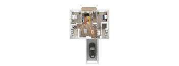 A top down view of a house with a car in the garage.