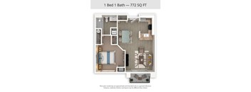 A floor plan of a 1 Bed 1 Bath apartment is 772 square feet.
