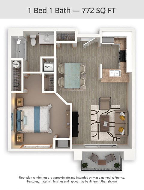 A floor plan of a 1 Bed 1 Bath apartment is 772 square feet.