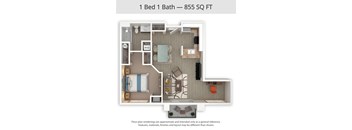 A floor plan of a 1 Bed 1 Bath apartment is shown.