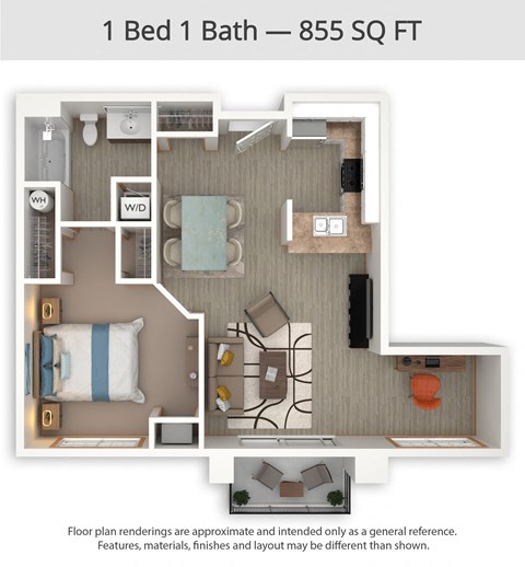 A floor plan of a 1 Bed 1 Bath apartment is shown.