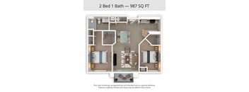 A floor plan of a 2 Bed 1 Bath apartment is 987 square feet.