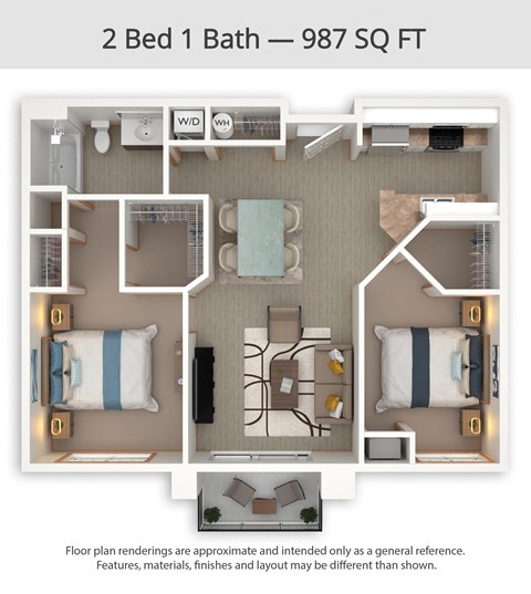 A floor plan of a 2 Bed 1 Bath apartment is 987 square feet.