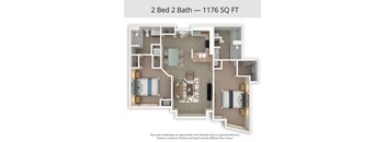 A floor plan of a 2 Bed 2 Bath apartment is 1176 square feet.