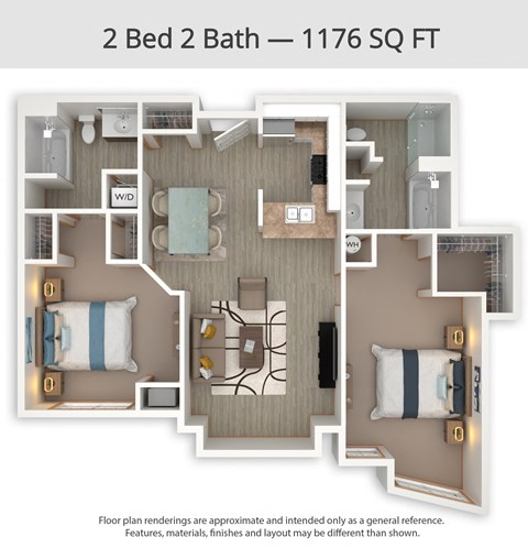 A floor plan of a 2 Bed 2 Bath apartment is 1176 square feet.