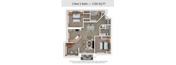 A 2 Bed 2 Bath apartment is 1230 square feet.