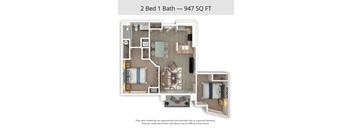 A floor plan of a 2 Bed 1 Bath apartment is shown.