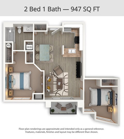 A floor plan of a 2 Bed 1 Bath apartment is shown.