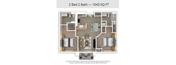 A 2 Bed 2 Bath apartment is 1043 square feet.