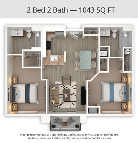 A 2 Bed 2 Bath apartment is 1043 square feet.