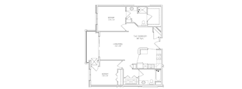 A floor plan of a house with three bedrooms and a living/dining area.