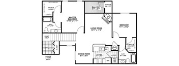 A black and white floor plan of a house with a master bedroom, living room, dining room, and a balcony.