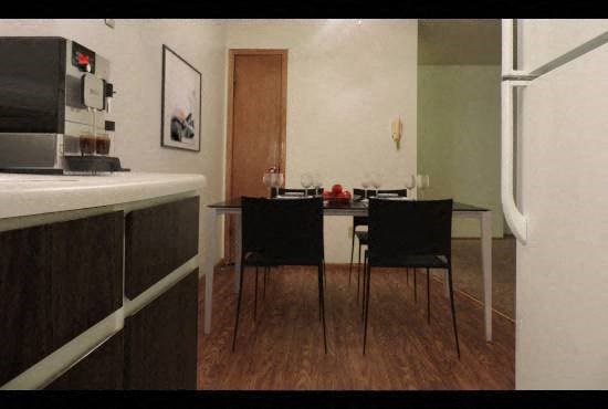 a kitchen and dining room with a table and chairs